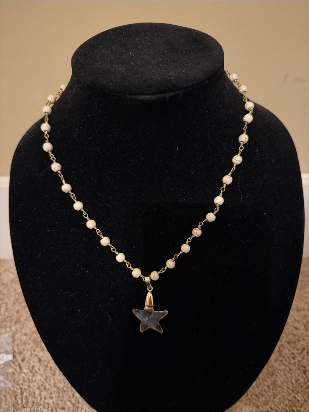 Gold-Tone Beaded Necklace with Cream Beads and Star Pendant